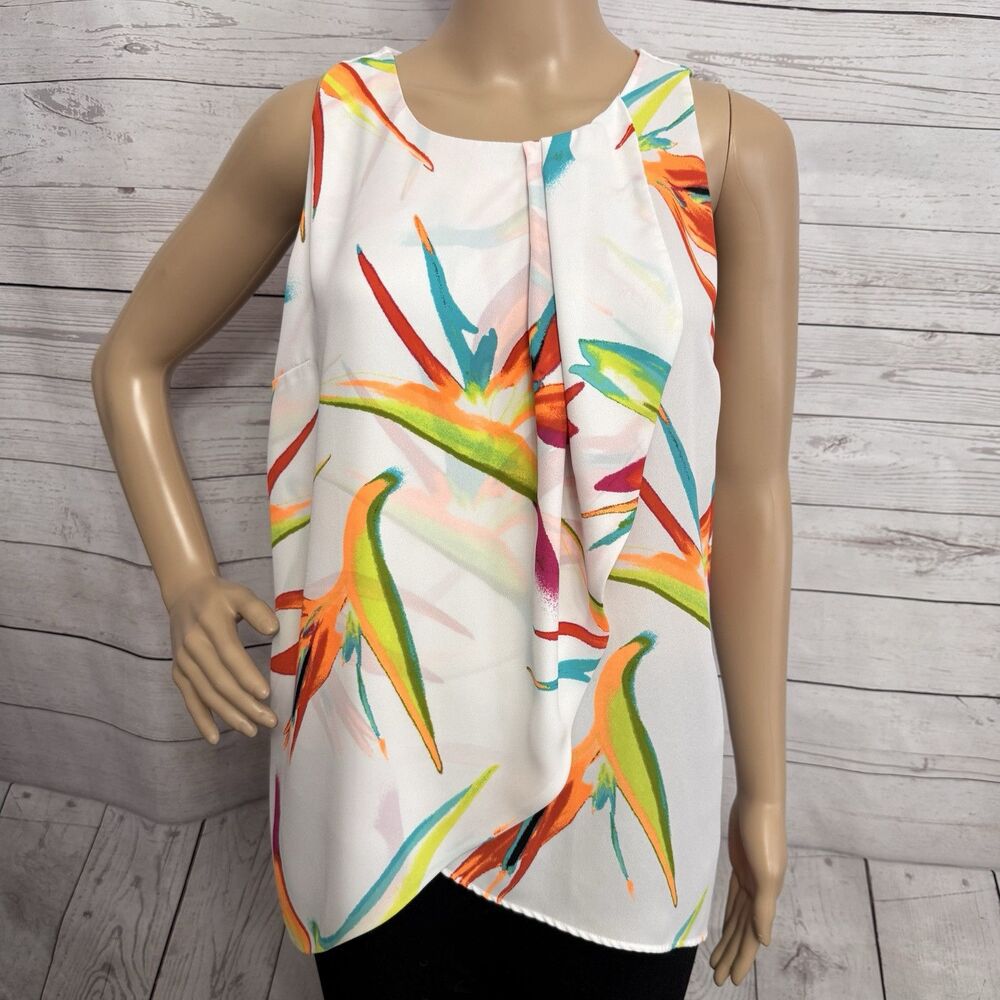 Worthington Sleeveless Blouse Semi-Sheer Neon Bird of Paradise Floral